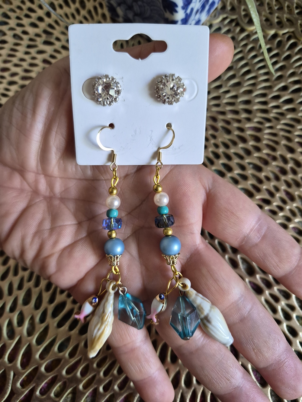Handcrafted Blue Bead and Faux Shell Drop Earrings Paired With Crystal studs